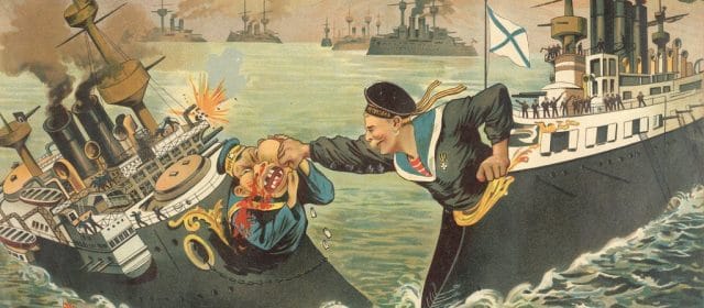 A ww2 era political comic depicting Russia and Japan at war.